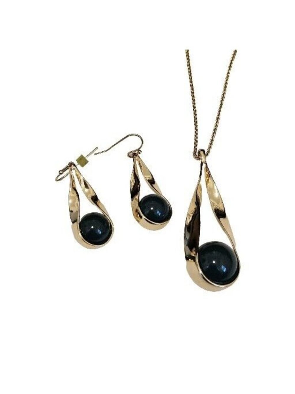 Ann Taylor Dark Green & Gold Tone Pendant Necklace Earrings Set